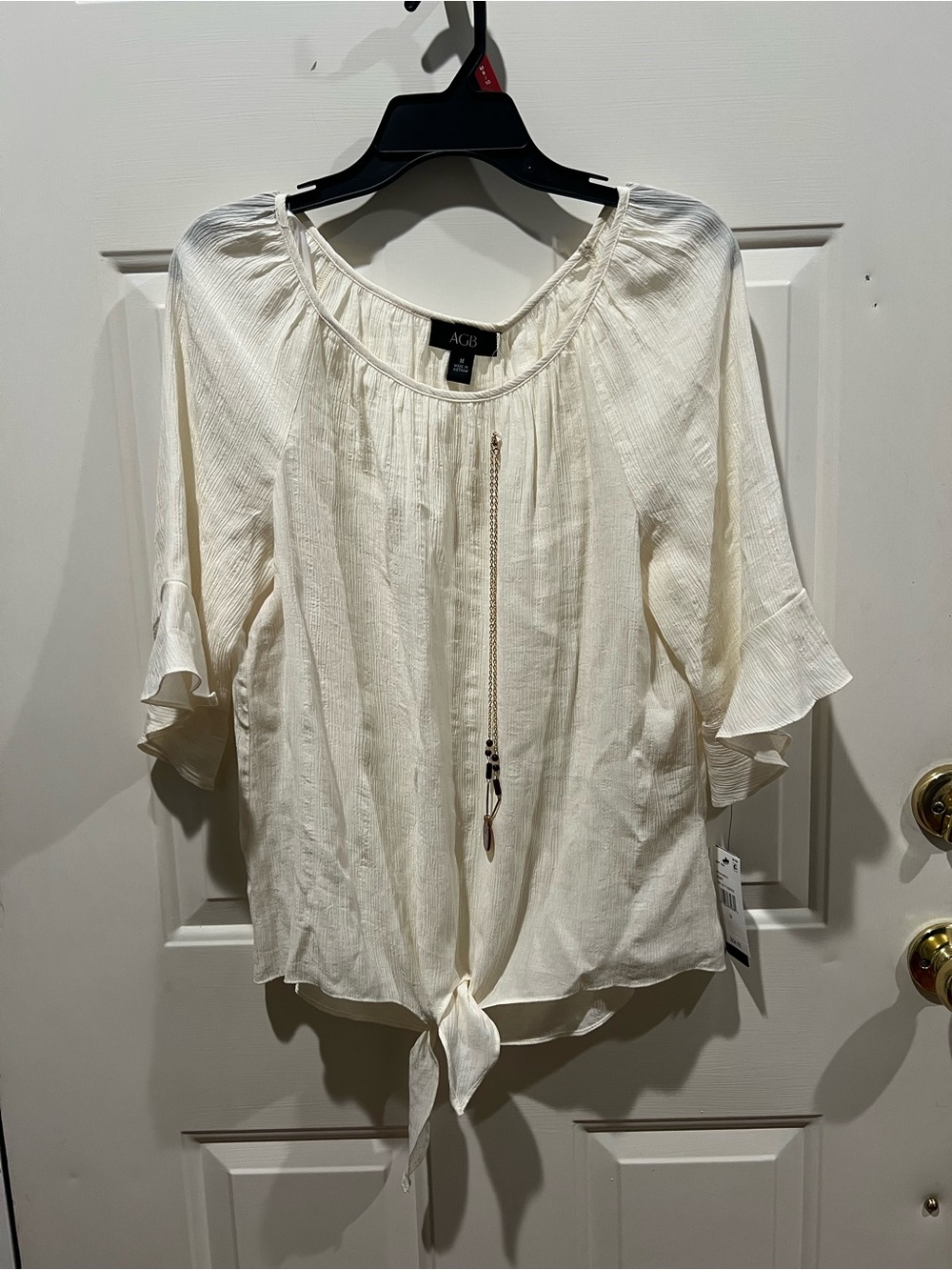 AGB Ivory Tie-Front Ruffle Sleeve Blouse